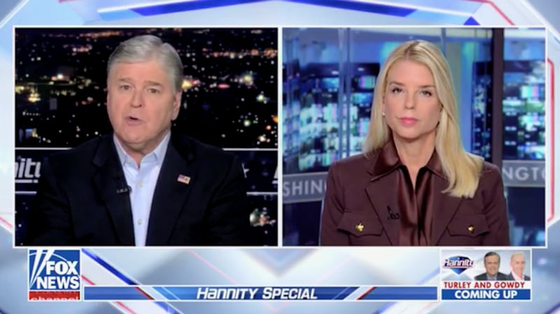 Pam Bondi told Sean Hannity that there was no reason to be 'nervous' about weaponization any longer.