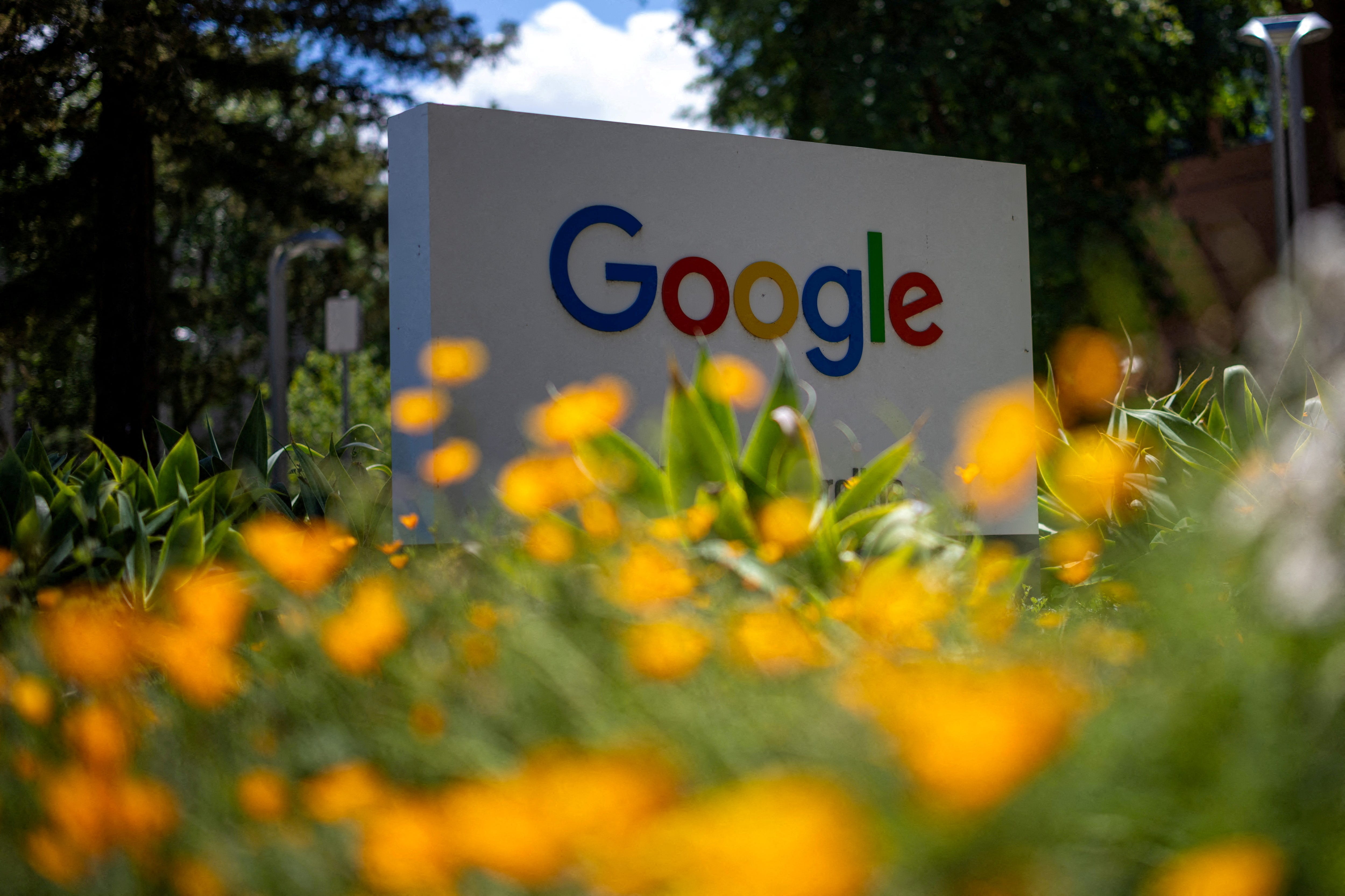 A Google logo is seen at a company research facility in Mountain View, California
