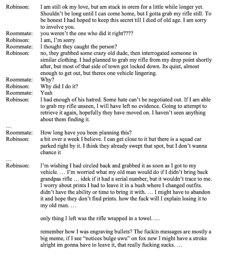 Some of the alleged texts between Tyler Robinson and his unnamed roommate that were included in Tuesday’s indictment.