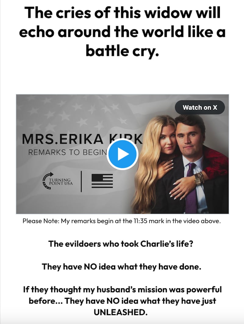 The top of the fundraising page sent out with a link for Turning Point Action with a message from Charlie Kirk's widow Erika.