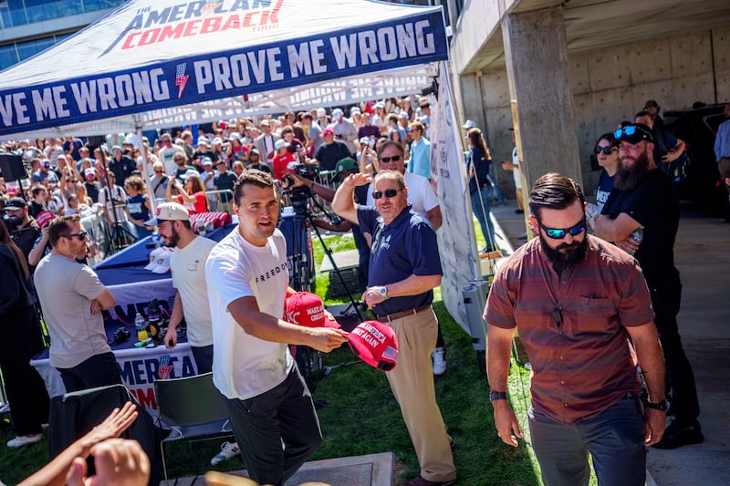 Charlie Kirk speaks at Utah Valley University on Sept. 10, 2025 in Orem, Utah. Kirk, founder of Turning Point USA, was speaking at his "American Comeback Tour" when he was shot in the neck and killed.