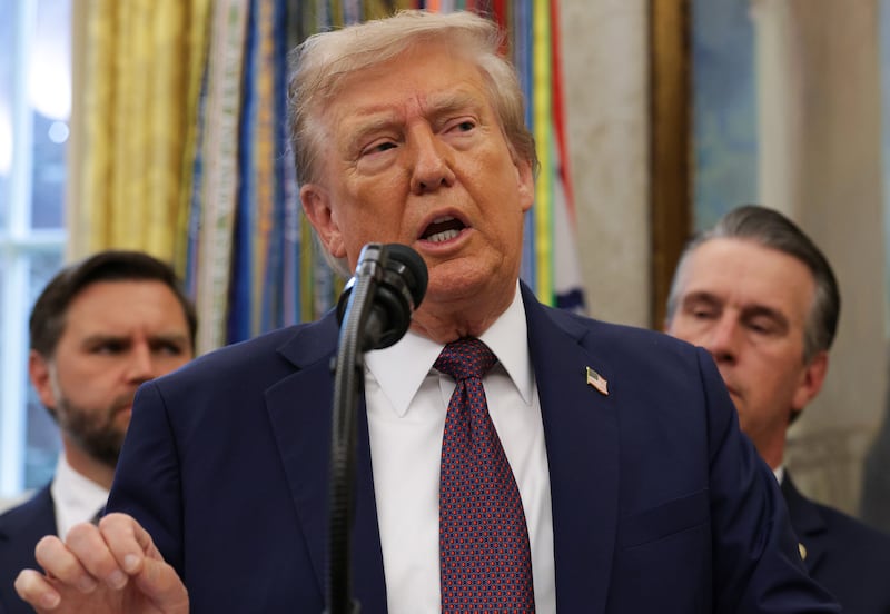 WASHINGTON, DC - SEPTEMBER 02: U.S. President Donald Trump speaks to the media in the Oval Office at the White House on September 2, 2025 in Washington, DC. Following days of speculation about his health from users on social media, President Trump made his first public appearance in a week to announce the moving of Space Command headquarters from Colorado to Alabama. (Photo by Alex Wong/Getty Images)
