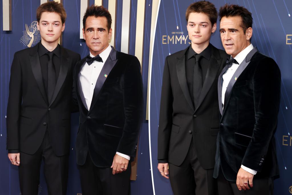 Colin Farrell’s look-alike son, Henry, 15, joins actor in rare appearance on Emmys 2025 red carpet