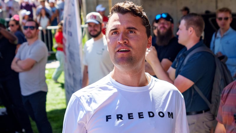 Charlie Kirk speaks at Utah Valley University on Sept. 10, 2025 in Orem, Utah.  Kirk, founder of Turning Point USA, was speaking at his "American Comeback Tour" when he was shot in the neck and killed.