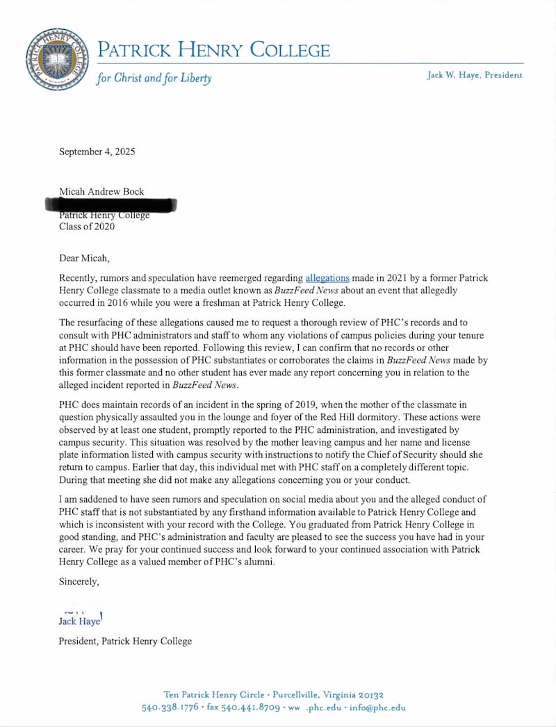 Letter sent by Patrick Henry College to Micah Bock