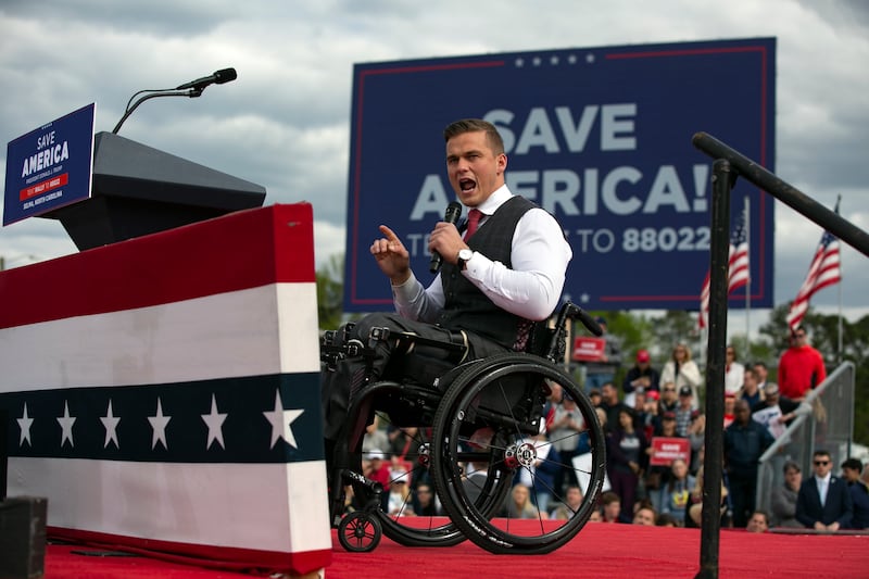 Madison Cawthorn speaks before a rally for Donald Trump