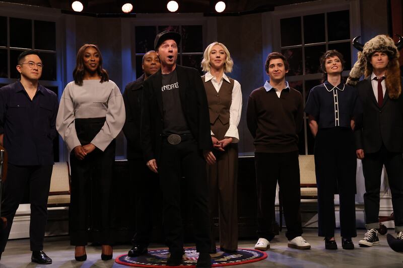 SATURDAY NIGHT LIVE -- Episode 1870 -- Pictured: (l-r) Bowen Yang, Ego Nwodim, Kenan Thompson, Dana Carvey as Elon Musk, Heidi Gardner, Marcello Hernández, Sarah Sherman, and Colin Jost during the "SNL For Trump" Cold Open on Saturday, November 9, 2024 --