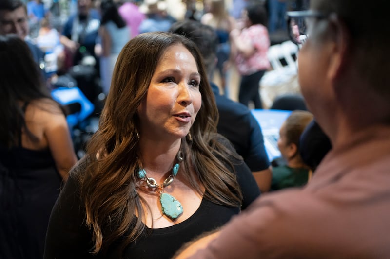 Democratic U.S. congressional candidate Adelita Grijalva speaks to the media during a primary election-night party at El Casino Ballroom on July 15, 2025 in South Tucson, Arizona.