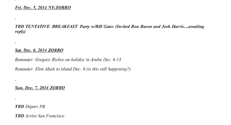 Jeffrey Epstein schedule excerpt showing Elon Musk was to make a trip to the island.