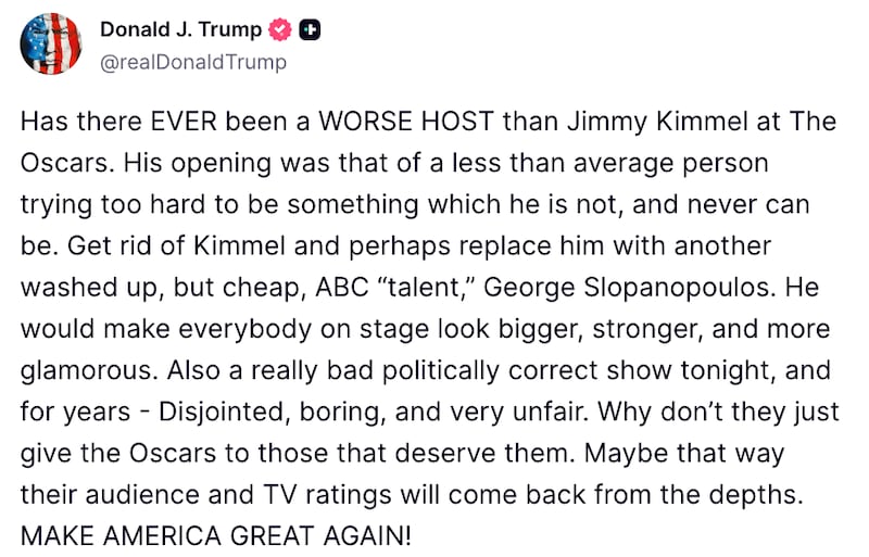 Trump Truth Social post about Kimmel at the Oscars