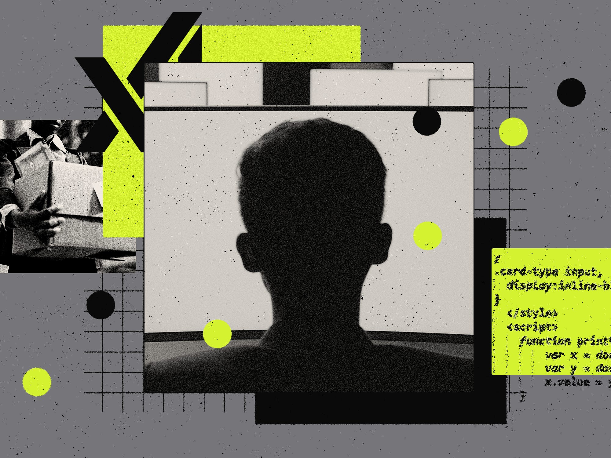 Photo collage of a young person in front of a computer, layooff, and XaI imagery