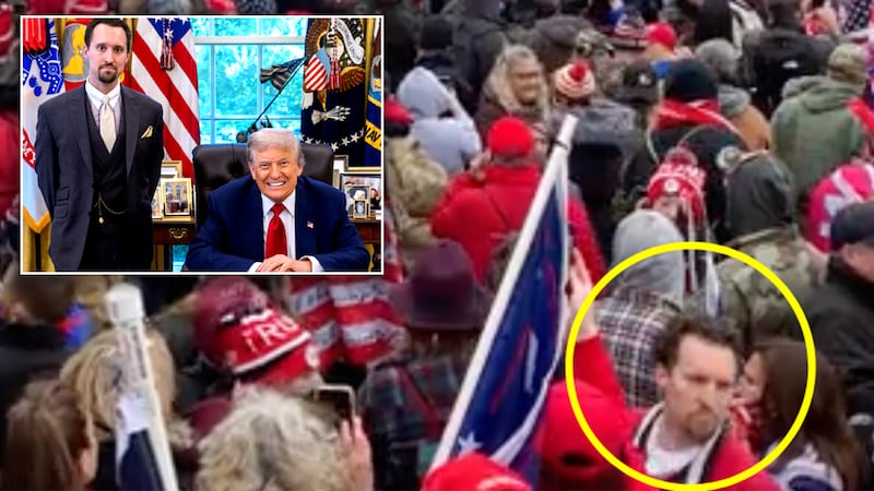 E.J. Antoni spotted at the Jan. 6, 2021 Capitol Riot. Inset image of E.J. Antoni and Donald Trump