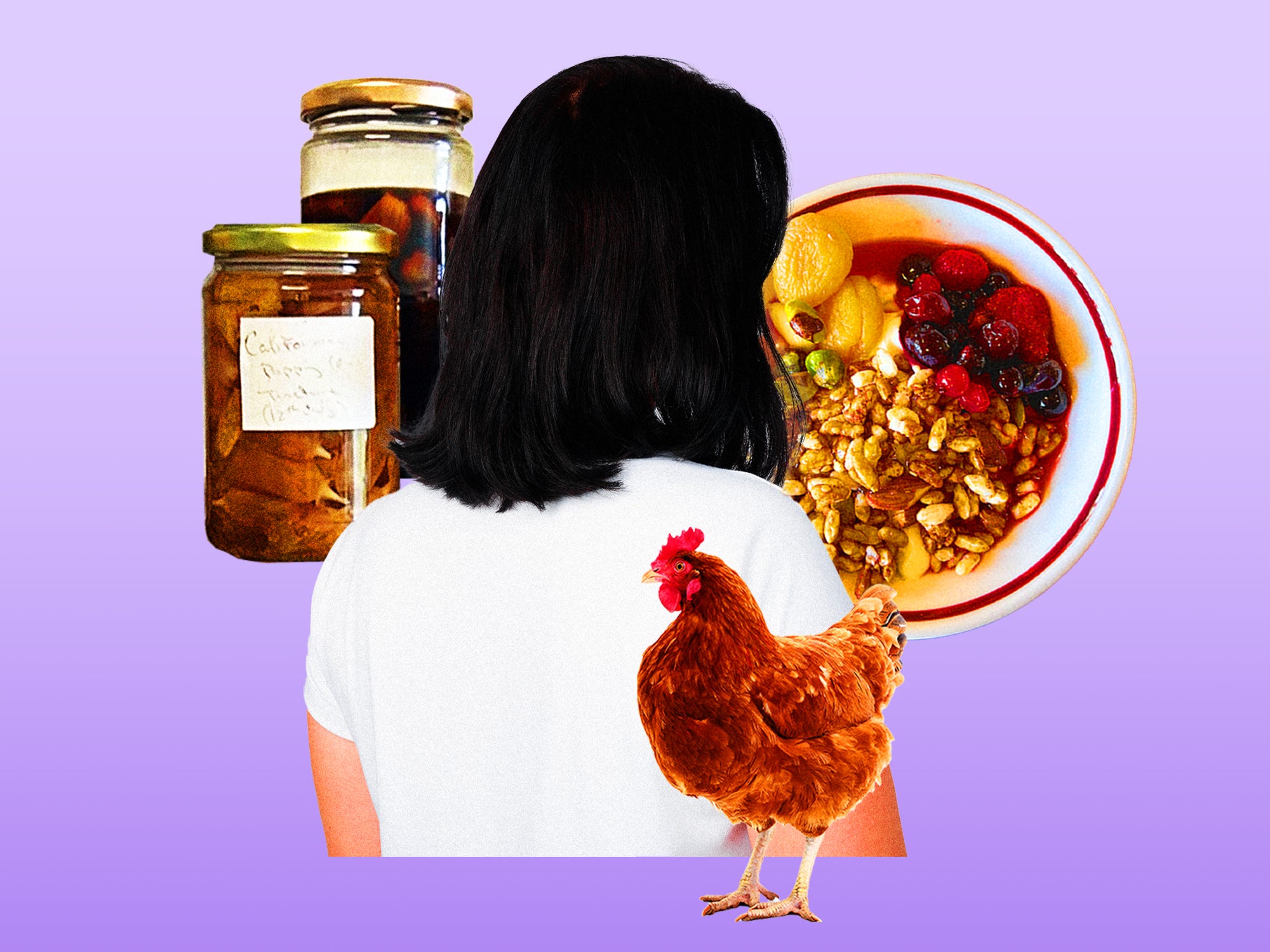 A photo collage of a woman surrounded by a chicken, jars, and a bowl of ceral and fruit