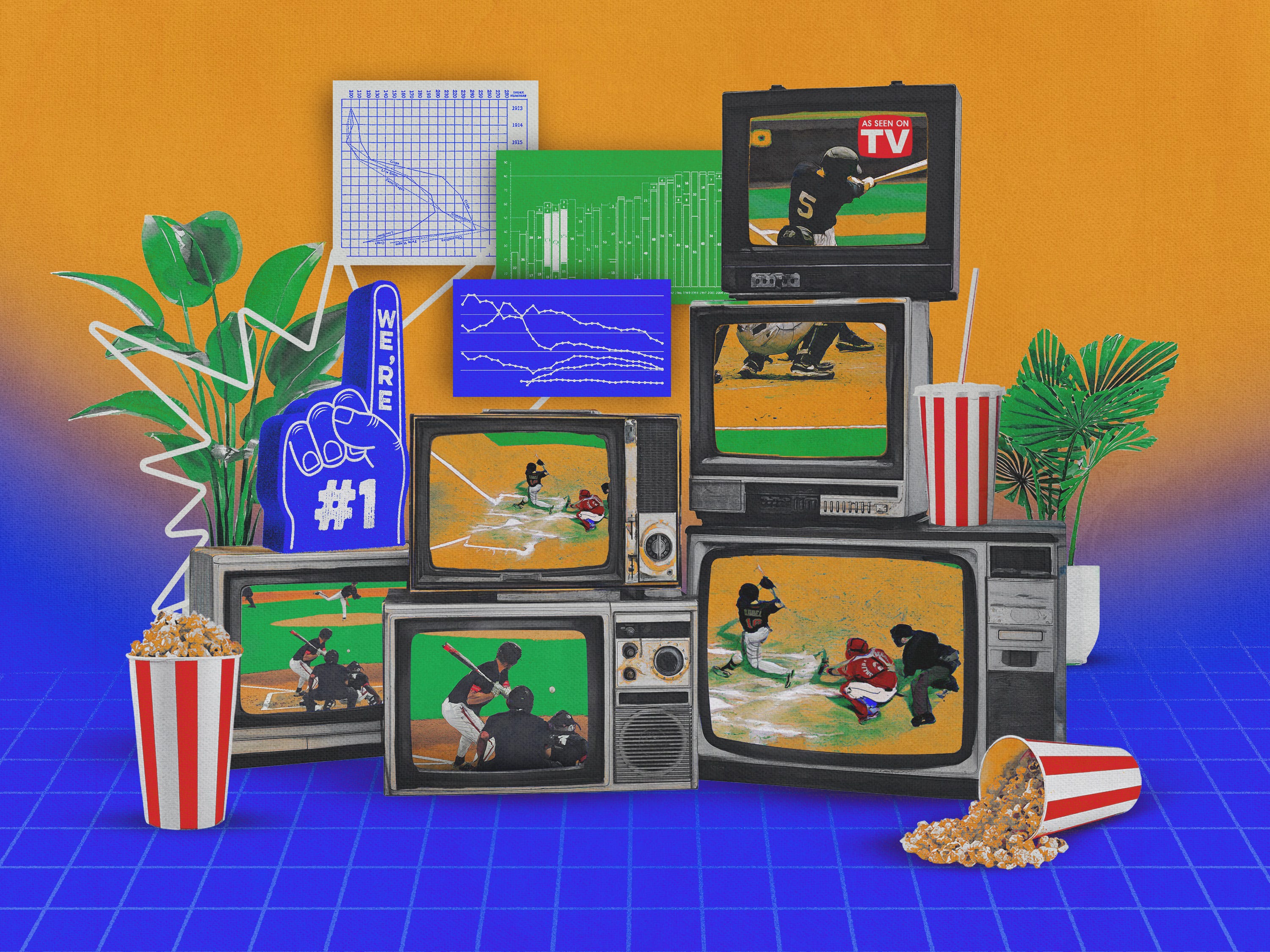 Photo collage featuring vintage TV sets displaying baseball scenes, surrounded by popcorn, a foam finger, and other streaming-related icons and imagery.