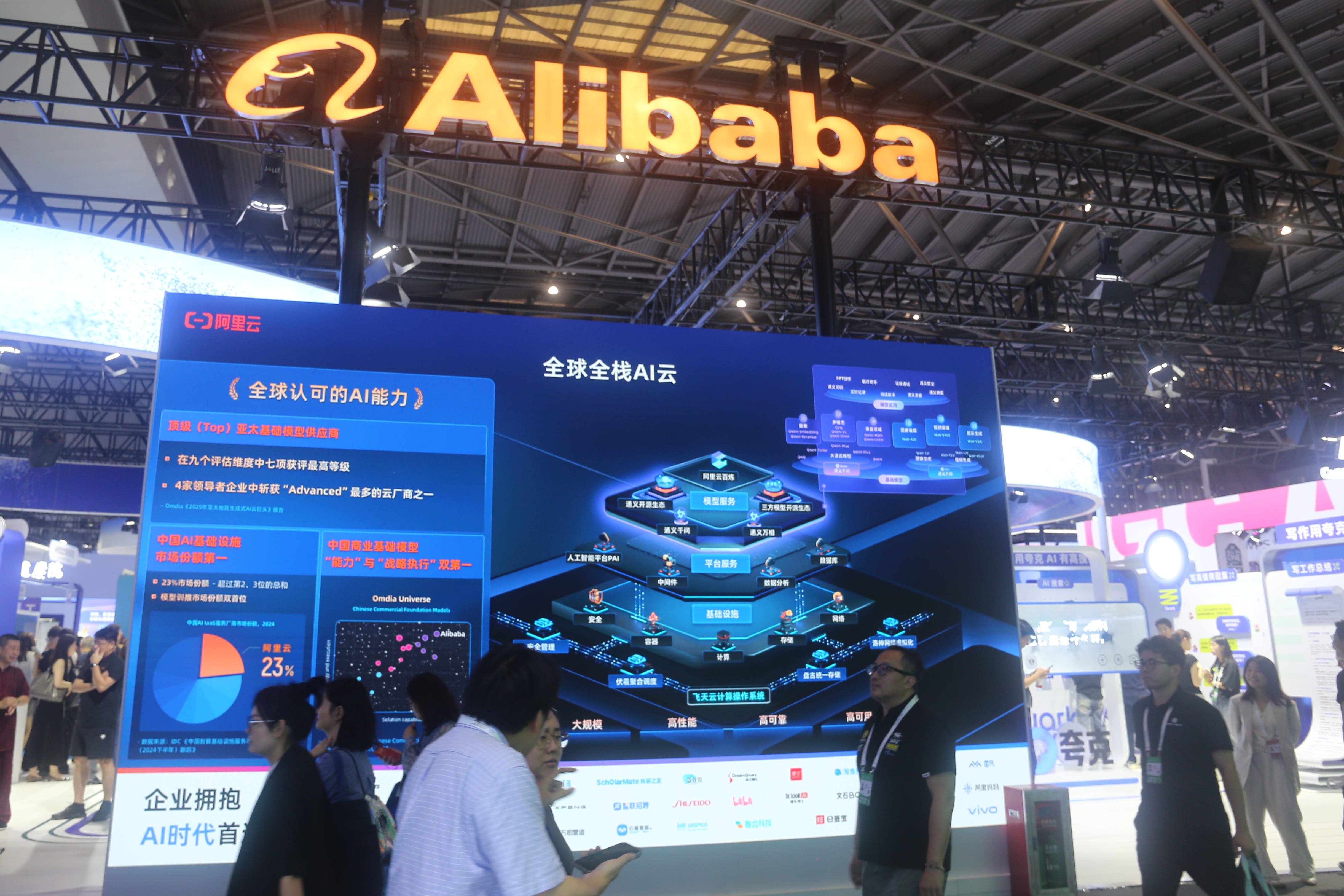 People visit an Alibaba booth at an exhibition in China.