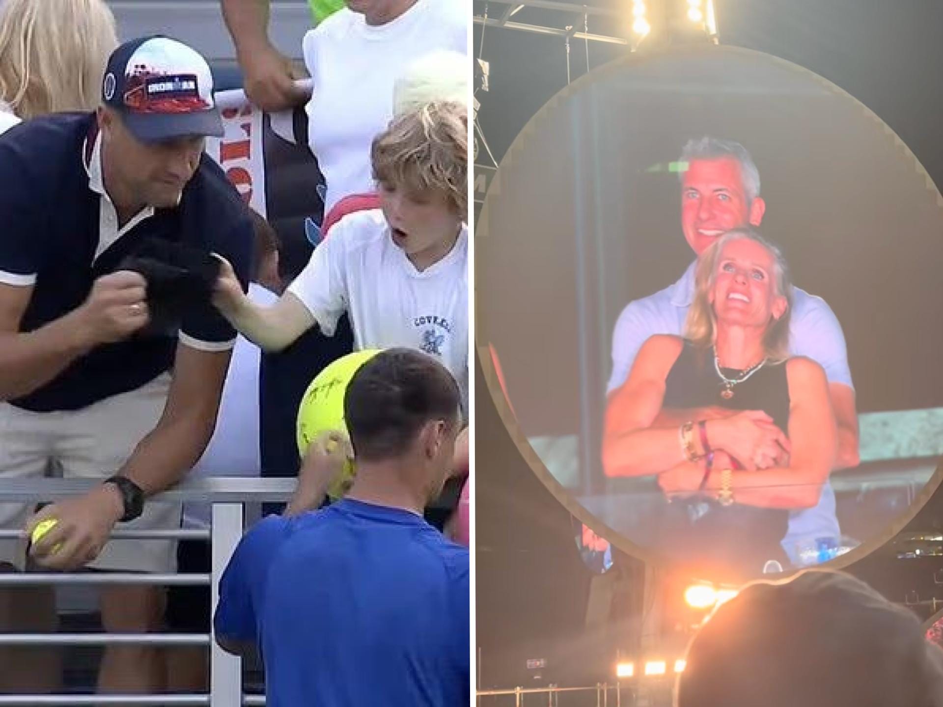 A photo split shows a Polish CEO snatching a tennis star's hat from a young boy at the US Open and the CEO of Astronomer caught having an alleged affair on Coldplay's kiss cam.