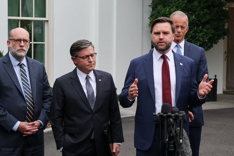 U.S. Vice President JD Vance speaks next to House Speaker Mike Johnson (R-LA), Office of Management and Budget (OMB) Director Russell Vought and Senate Majority Leader John Thune (R-SD) on the day U.S. President Donald Trump meets with top congressional leaders from both parties, just ahead of a September 30 deadline to fund the government and avoid a shutdown, at the White House in Washington, D.C., U.S., September 29, 2025. REUTERS/Jonathan Ernst