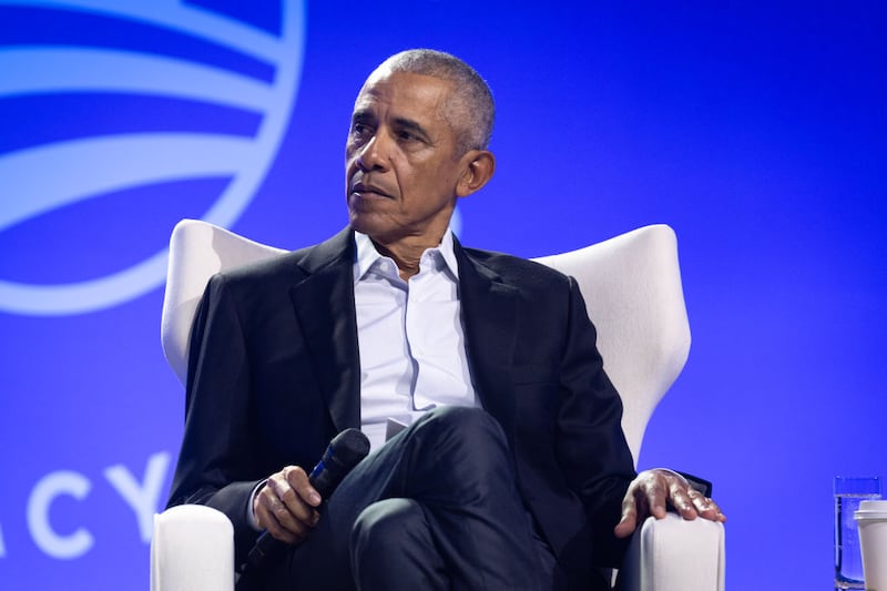 Former President Barack Obama moderates a conversation with Manu Meel, Co-Founder and CEO of BridgeUSA, Ainka Jackson, Founding executive director of the Selma Center for Nonviolence, Truth, and Reconciliation and Nika Kovač, Director of Slovenia-based Institute 8th of March during the Obama Foundation's 2024 Democracy Forum on December 05, 2024 in Chicago, Illinois. The 2024 Democracy Forum focused on