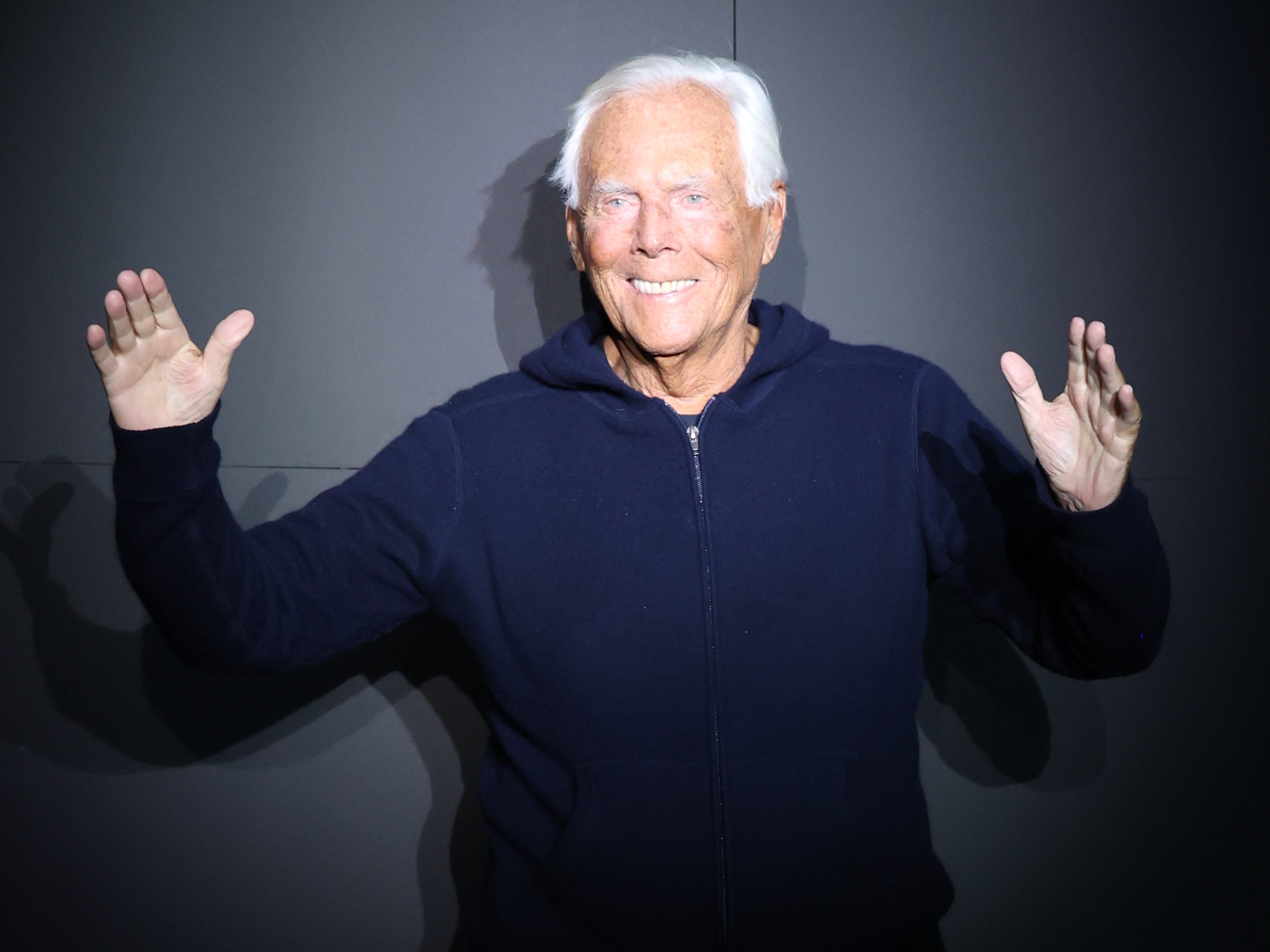 Giorgio Armani walks the runway at the Emporio Armani fashion show during the Milan Menswear Fall/Winter 2024-2025 on January 13, 2024 in Milan, Italy.