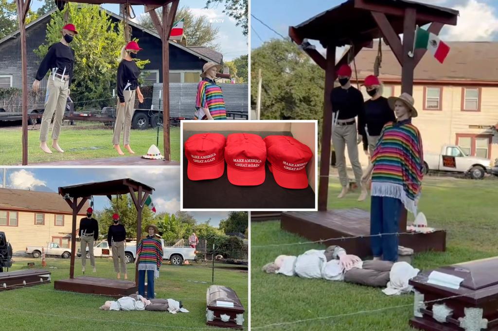 Halloween display sparks outrage over lynched mannequins in MAGA-like red hats, Mexican flag