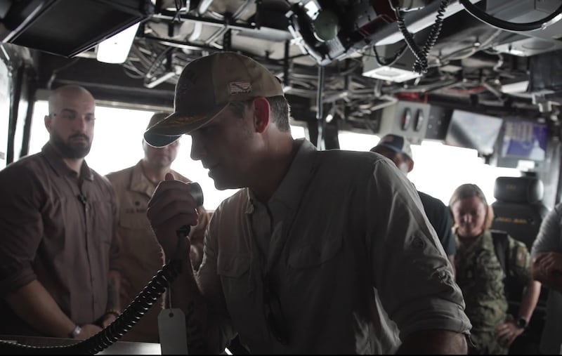 Pete Hegseth speaks into prompter aboard the USS Iwo Jima.