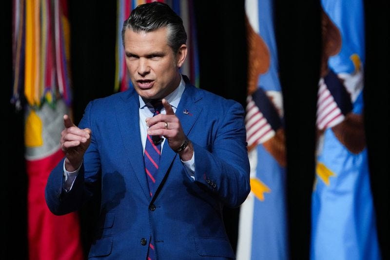 U.S. Secretary of War Pete Hegseth speaks to senior military leaders at Marine Corps Base Quantico, Virginia, U.S., September 30, 2025. Andrew Harnik/Pool via REUTERS