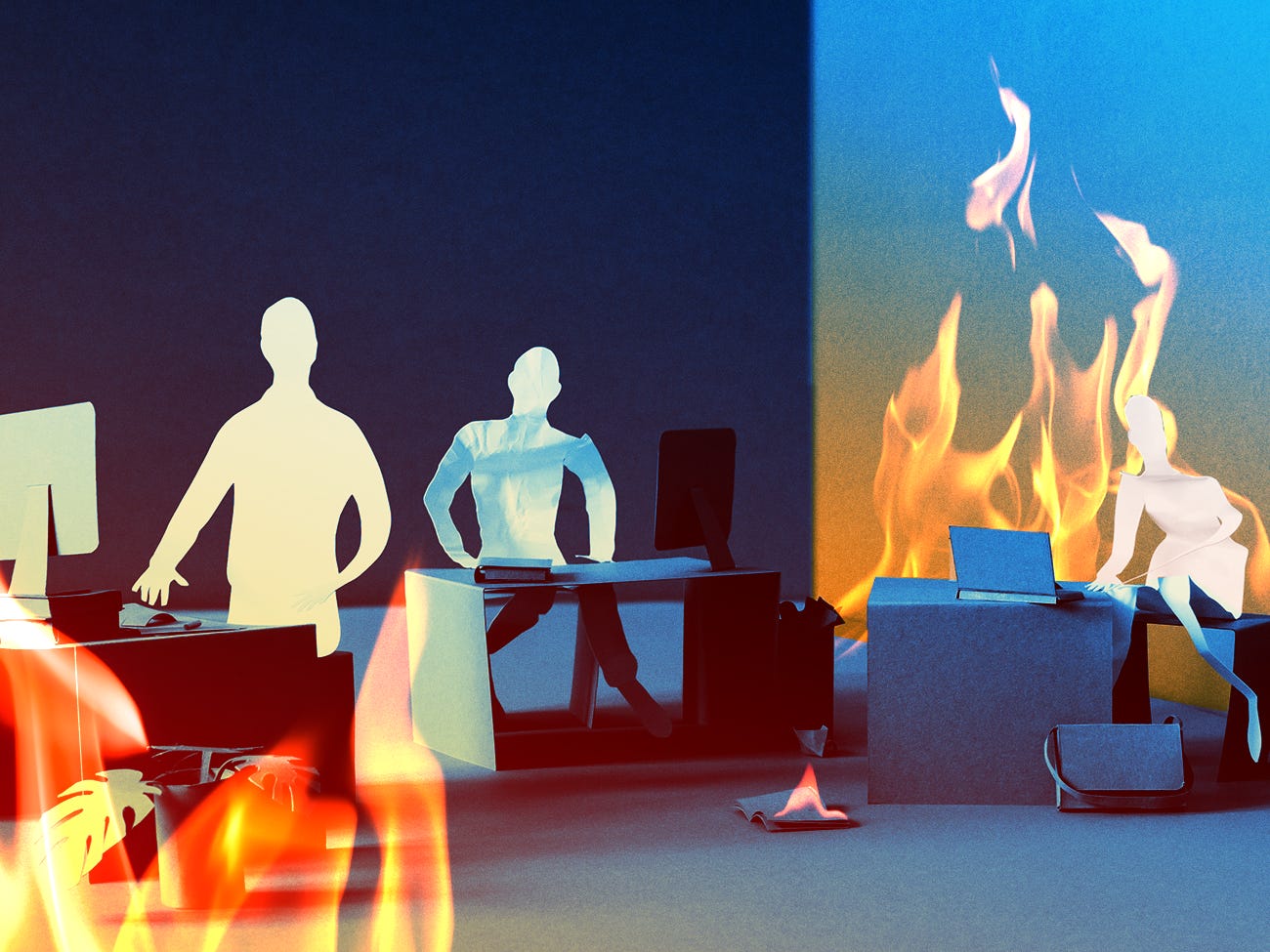 A workplace made of paper engulfed in fire