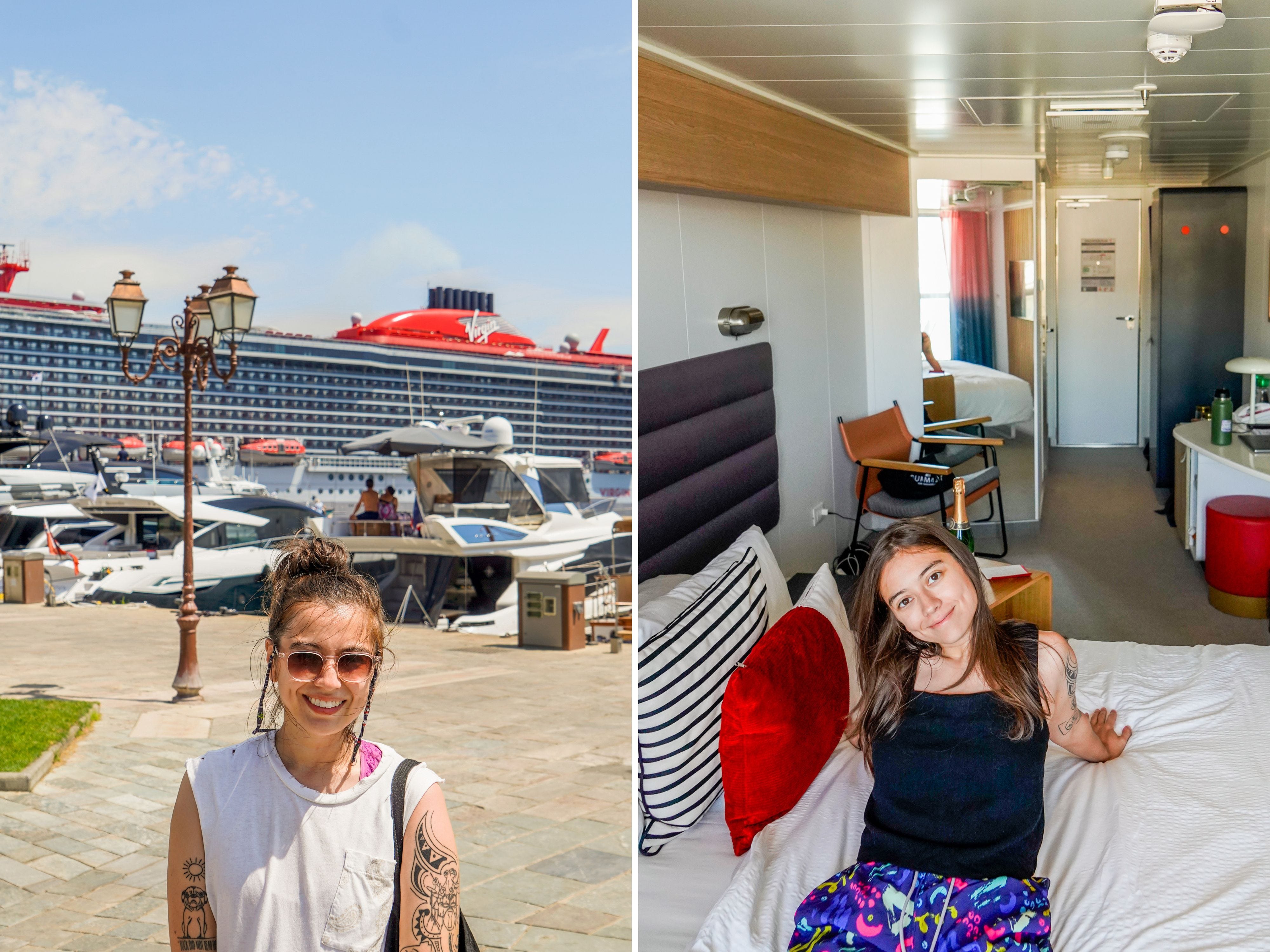 A composite image of the author standing in front of a cruise ship and sitting on a bed inside a cruise ship cabin