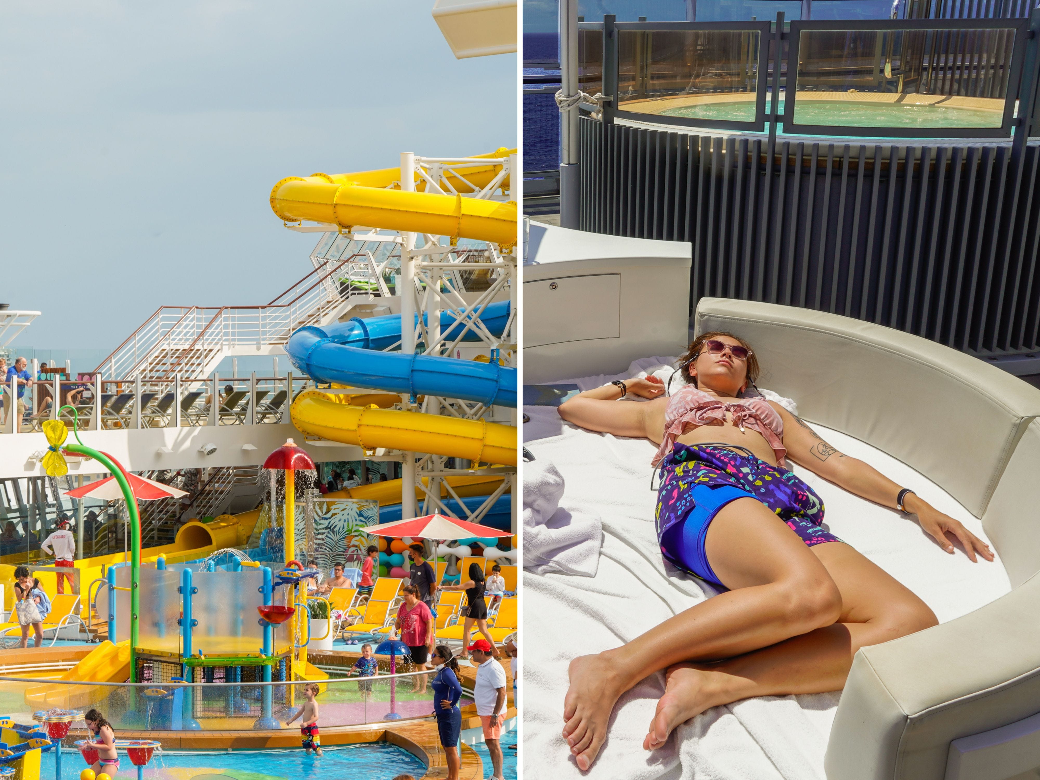 A composite image of a colorful waterpark on a cruise ship and the author lying on a white sunbed on a cruise ship with a circular hot tub behind her.
