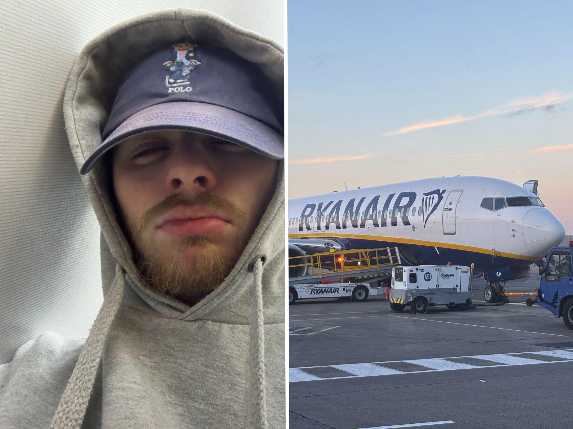 A collage of the author sat on a plane next to a windowless wall, and a Ryanair Boeing 737 at Dublin Airport during sunset on 23 September 2025