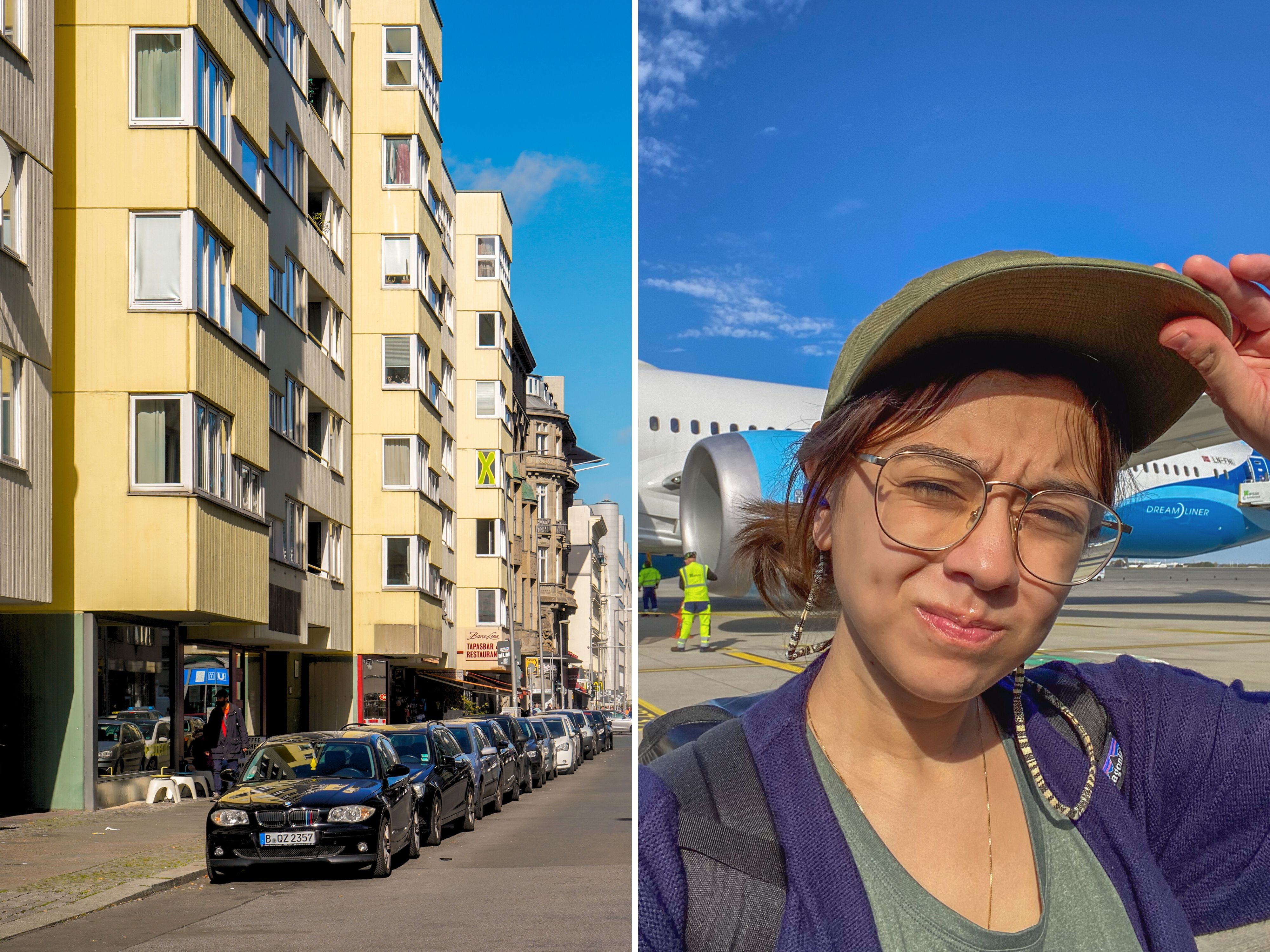 A composite image of a row of buildings in Berlin and he author squinting in front of an airplane