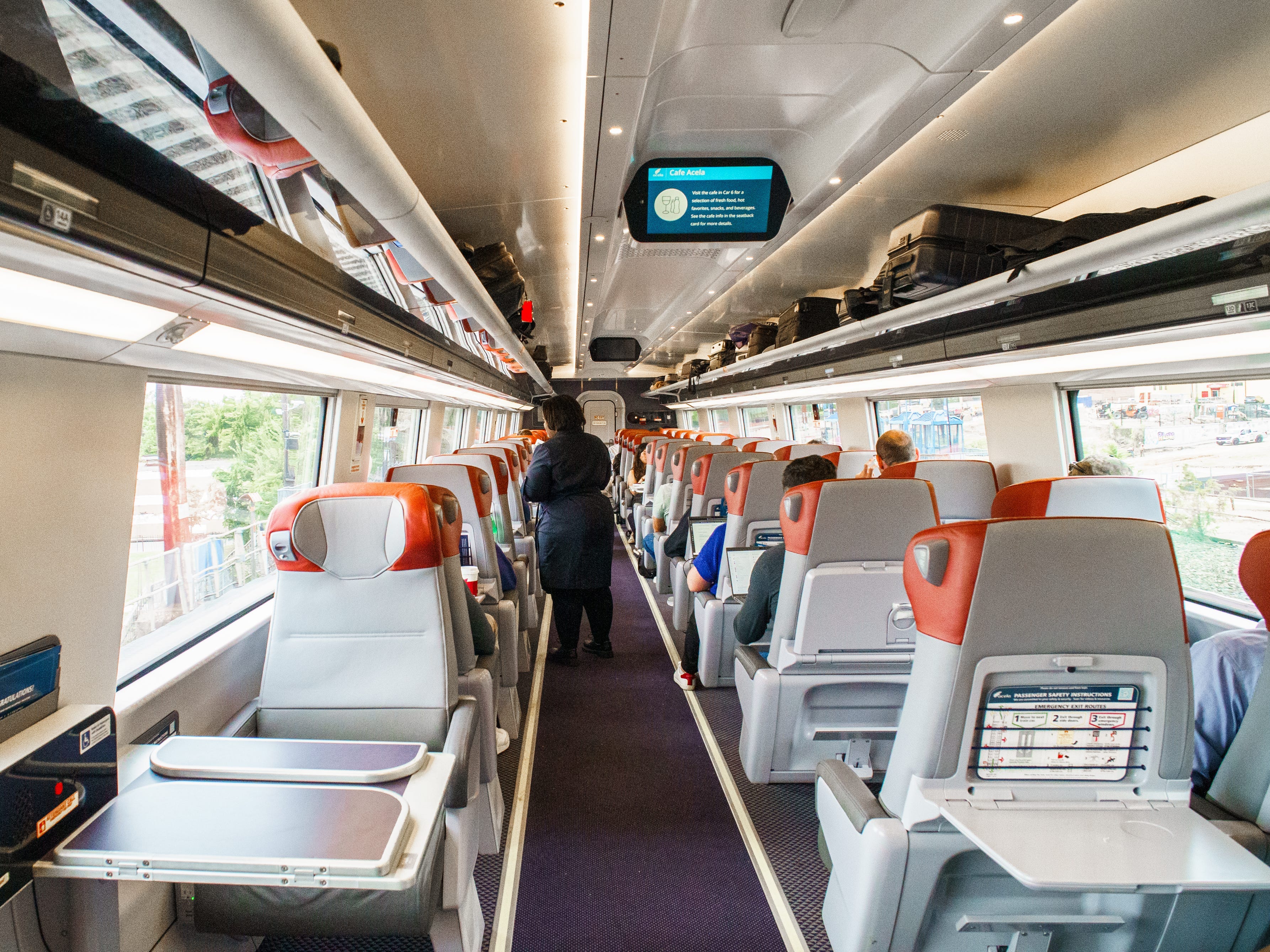 Inside a first-class train car on an Amtrak Acela train