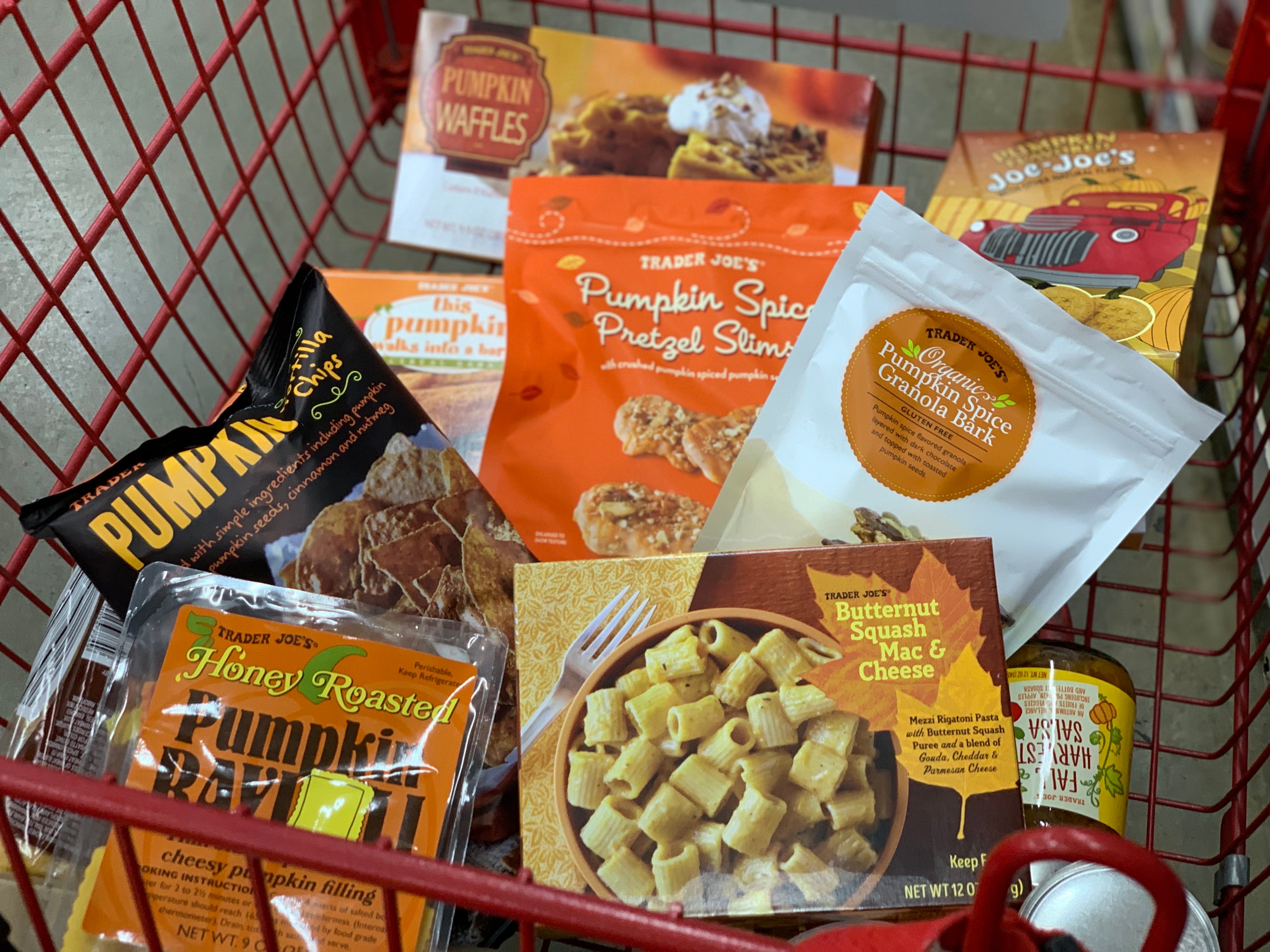 trader joe's fall snacks in a cart