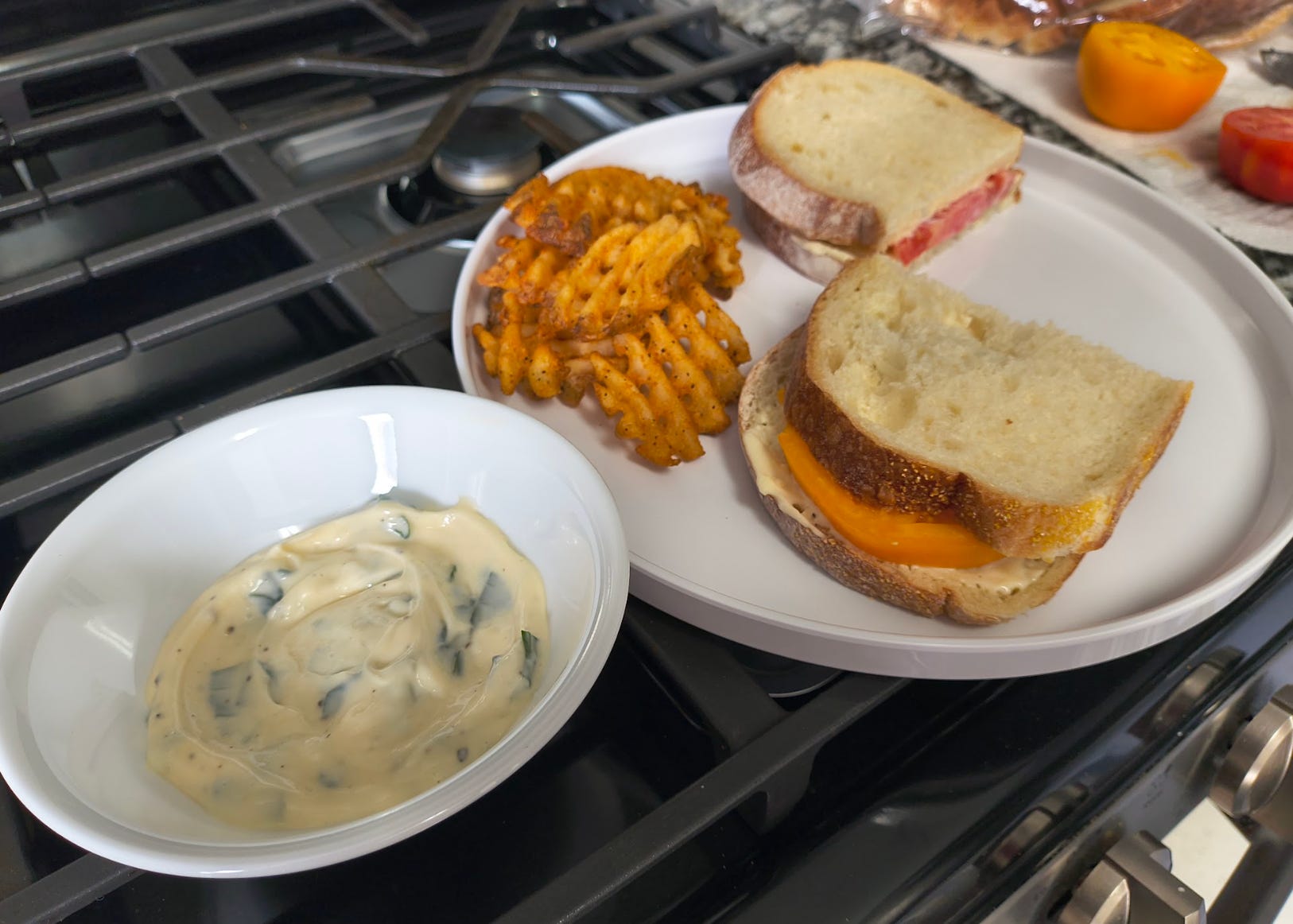 Ina Garten's tomato sandwich with basil mayo.