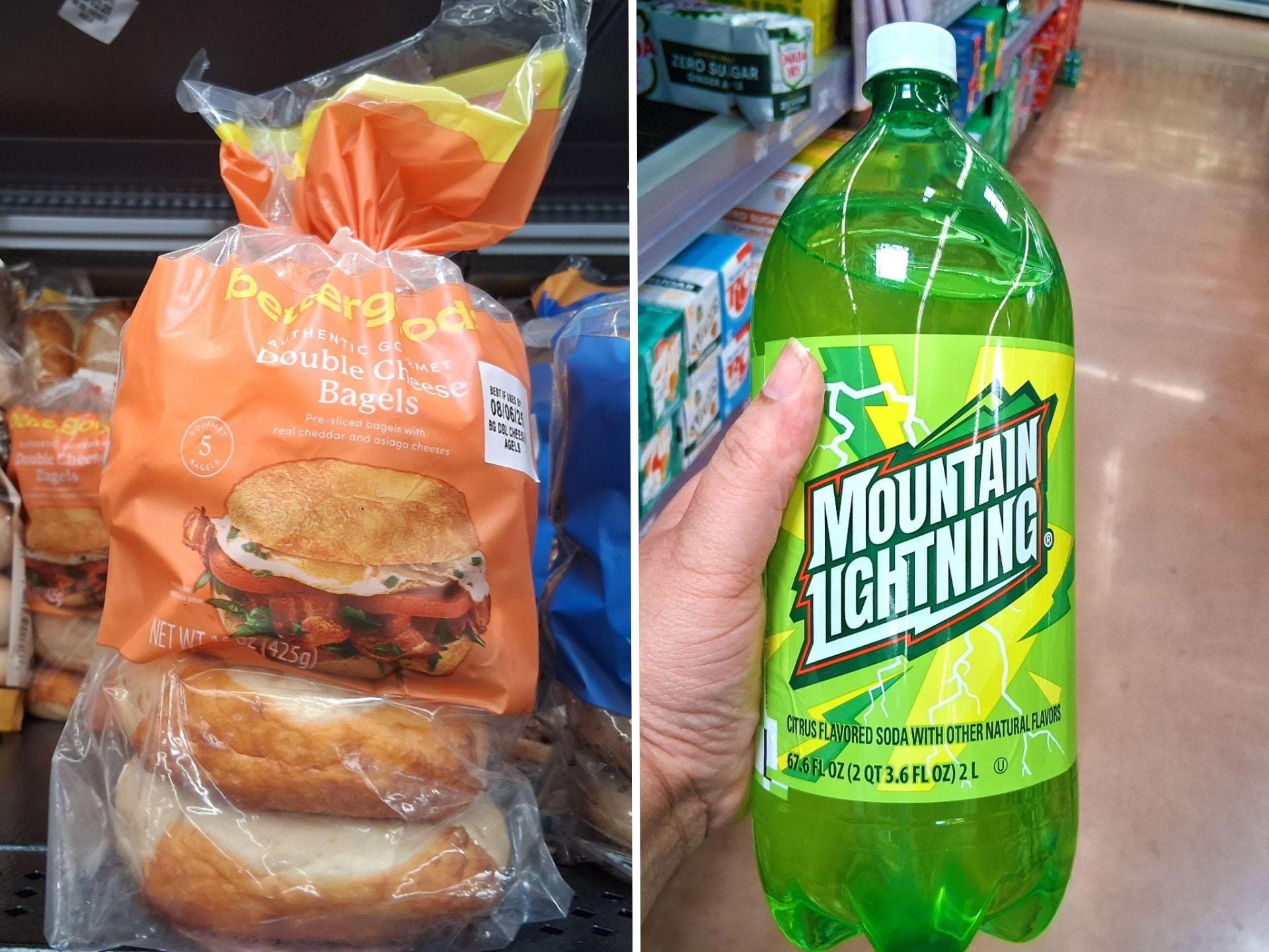 A composite image of a bag of Bettergoods double-cheese bagels and a hand holding a bottle of Mountain Lightning soda.