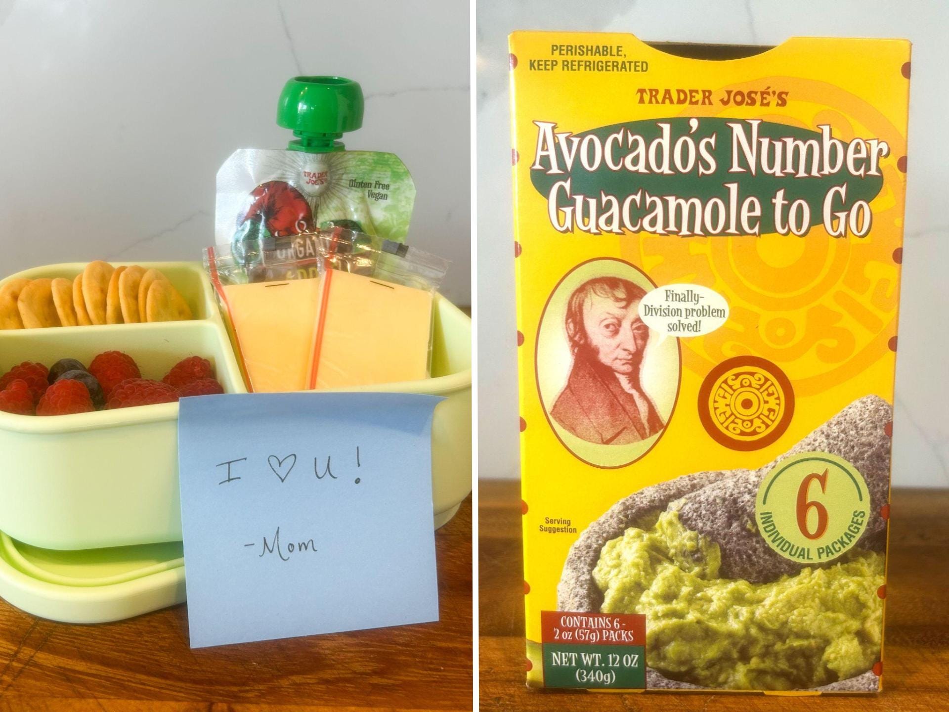 A composite image of a bento box with an applesauce pouch, cheese, crackers, fruit, and a note that reads