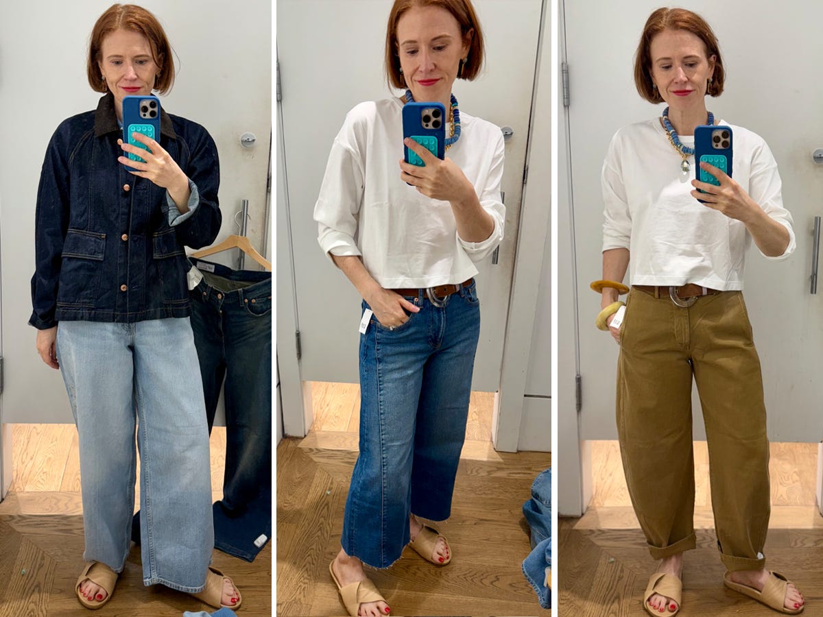 Composite of author Grace Van Cleave taking selfie in Gap dressing room wearing denim jacket and jeans, white shirt and jeans, and white shirt and barrel pants