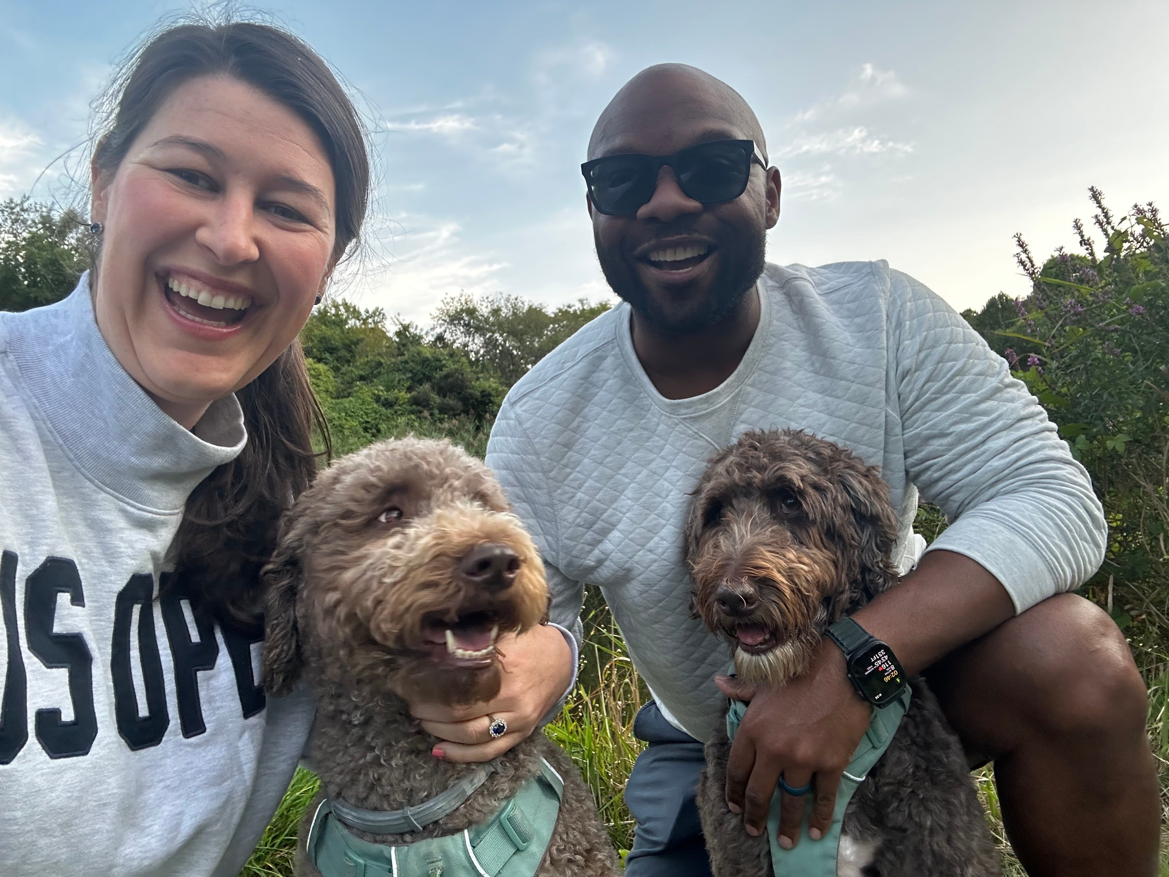 Emily Fontaine, her husband, and her dogs