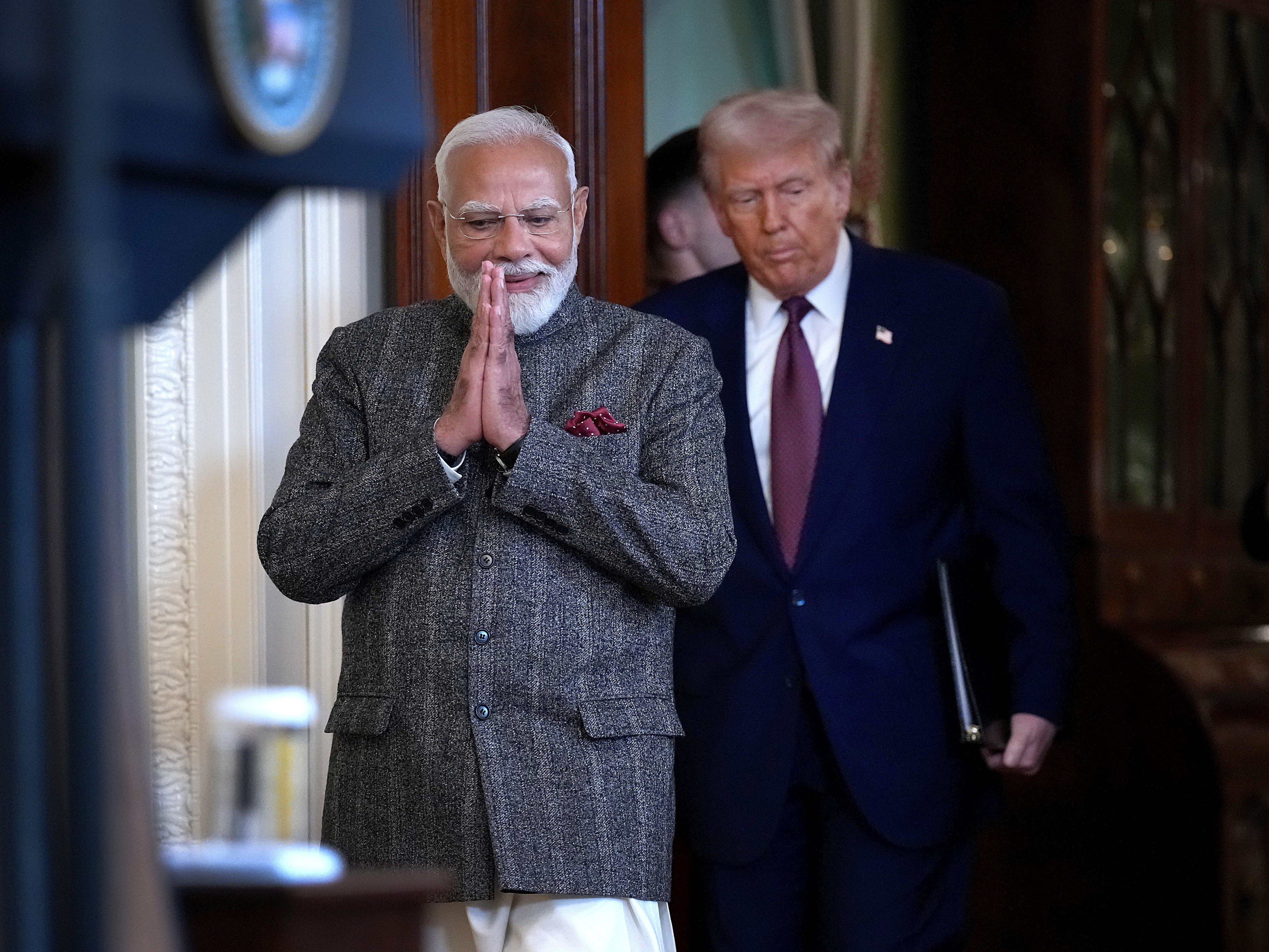 President Donald Trump (R) and Indian Prime Minister Narendra Modi at a joint press conference in the East Room at the White House in Washington, DC, on February 13, 2025.