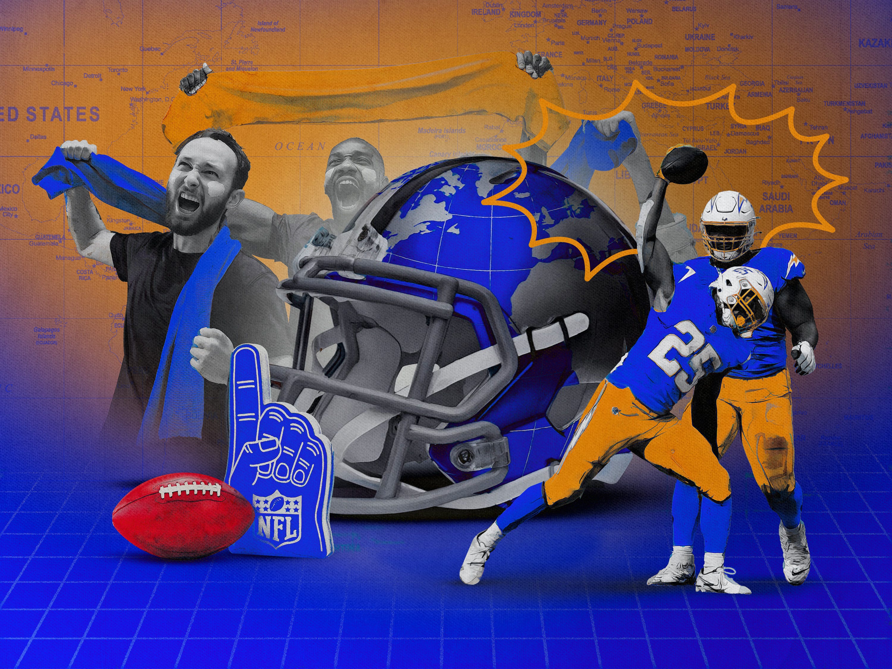 A photo collage featuring NFL players, Fans Cheering, an NFL Foam Finger, a football, and a Helmet in the shape of a Globe.