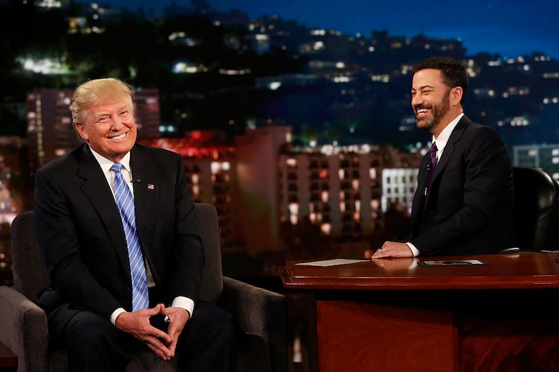 JIMMY KIMMEL LIVE - "Jimmy Kimmel Live" airs every weeknight at 11:35 p.m. EST and features a diverse lineup of guests that include celebrities, athletes, musical acts, comedians and human interest subjects, along with comedy bits and a house band. The guests for Wednesday, May 25 included presumptive Republican Presidential nominee Donald Trump and musical guest Greg Porter. (Randy Holmes/Disney General Entertainment Content via Getty Images)
DONALD TRUMP, JIMMY KIMMEL