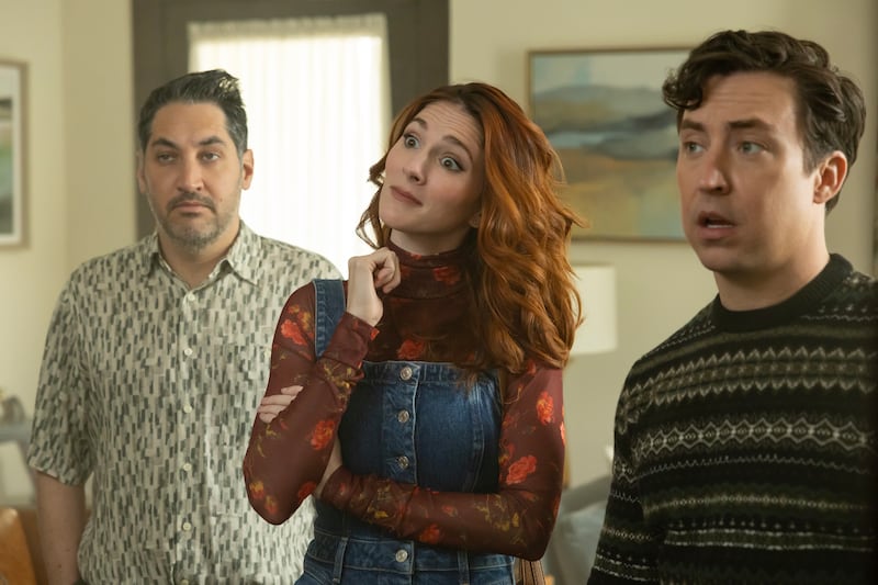 Carmen Christopher as Rick, Stephanie Koenig as Gwen Sanders, and Brian Jordan Alvarez as Evan Marquez in 'English Teacher'
