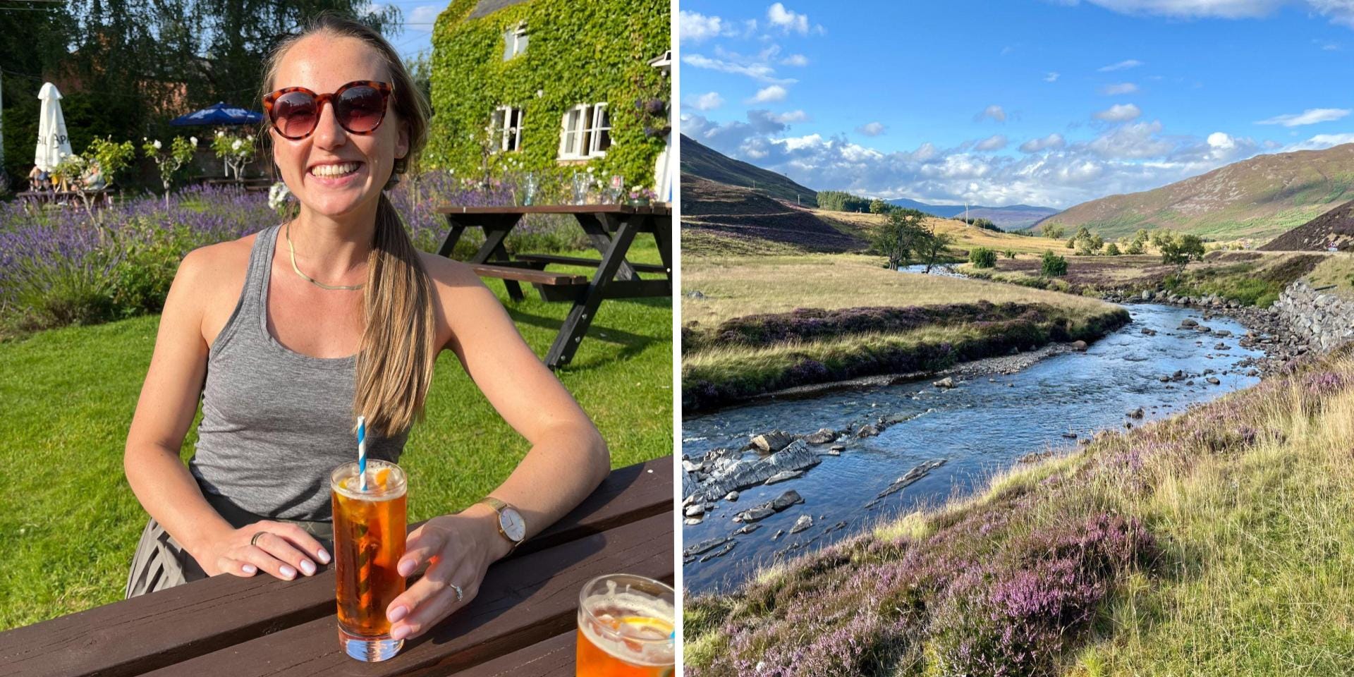 A split image showing the writer Rachel Hosie in a pub garden, and a vista in Scotland.
