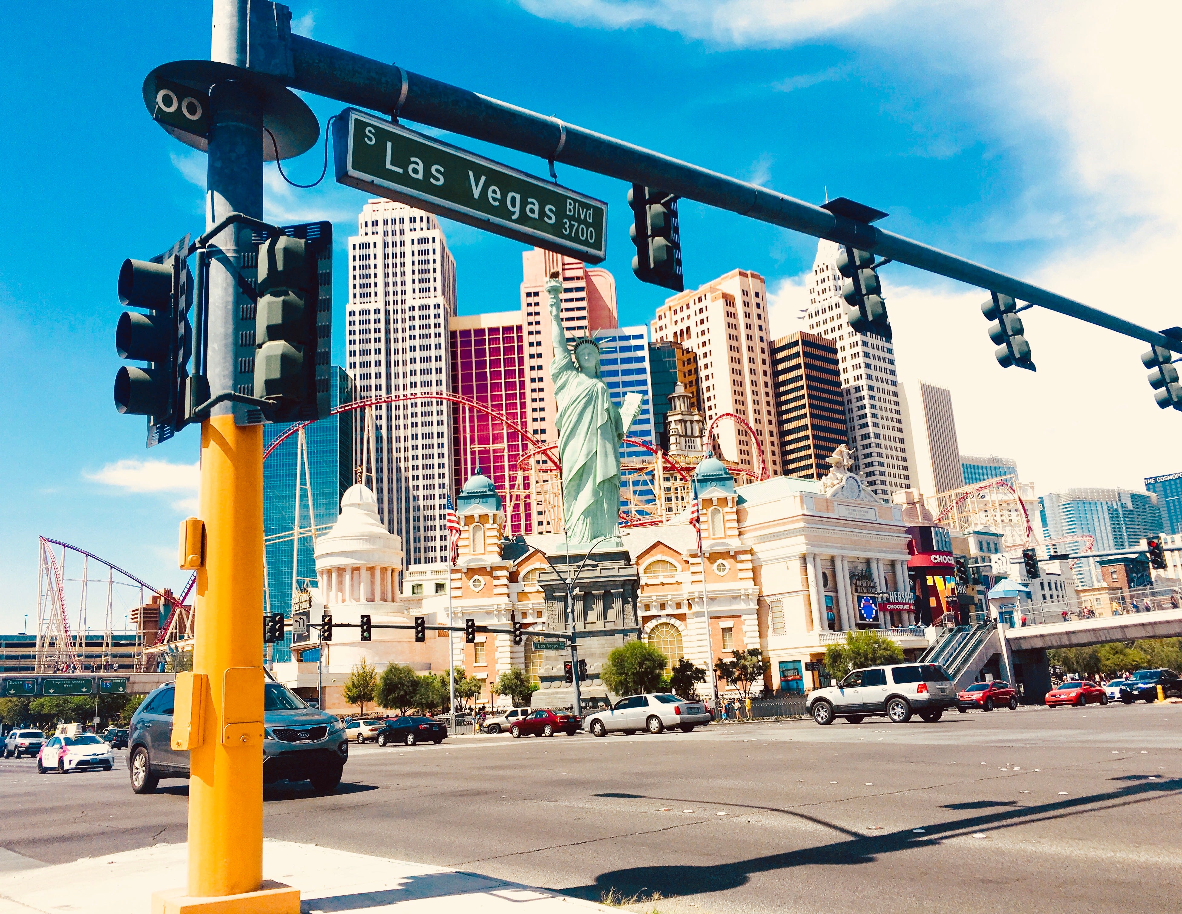 Las Vegas strip street view with street lights above the street