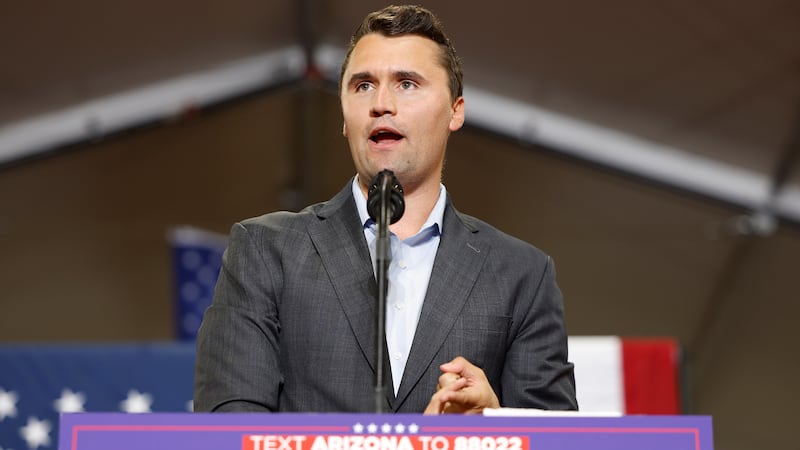 GLENDALE, ARIZONA - JULY 31: Charlie Kirk, who founded Turning Point USA, speaks before Republican vice presidential nominee U.S. Sen. JD Vance (R-OH) gives remarks at a campaign rally at Arizona Christian University on July 31, 2024 in Glendale, Arizona. Vance has traveled to cities across the Southwest to attend rallies this week.
