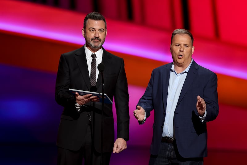 INGLEWOOD, CALIFORNIA - FEBRUARY 10: Jimmy Kimmel and Sal Iacono present the AP Offensive Player of the Year Award at the NFL Honors show at the YouTube Theater on February 10, 2022 in Inglewood, California. (Photo by Michael Owens/Getty Images)