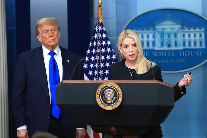 Attorney General Pam Bondi speaks alongside President Donald Trump in the briefing room at the White House on June 27, 2025 in Washington, DC.