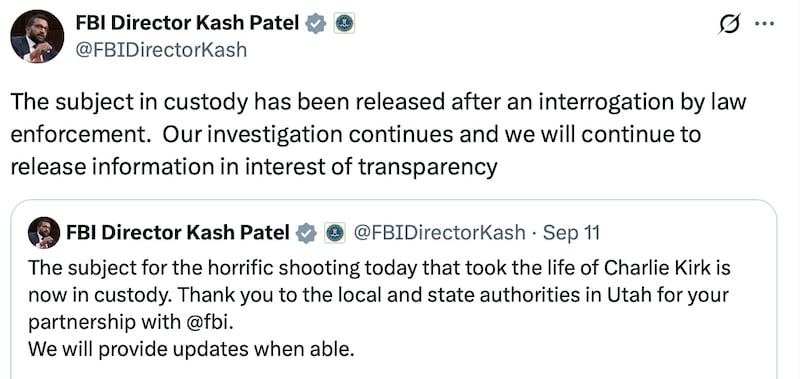 Kash Patel's X post after Charlie Kirk's murder.