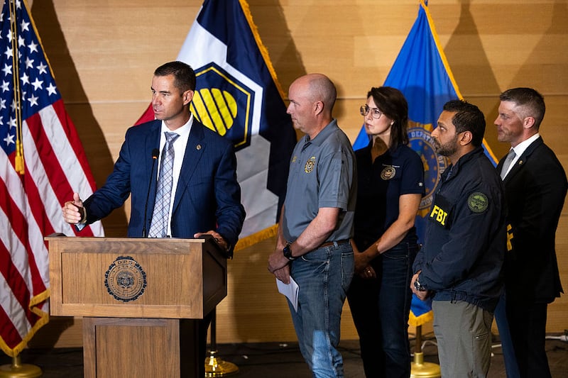 OREM, UTAH - SEPTEMBER 11: Utah Department of Public Safety commissioner Beau Mason, left, speaks during a press conference with Governor of Utah Spencer Cox, second from left, Lieutenant Governor of Utah Deidre Henderson, center, and FBI director Kash Patel, second from right at Utah Valley University on September 11, 2025 in Orem, Utah. Authorities have released a "person of interest" as they search for the suspect who shot and killed Kirk, founder of Turning Point USA, while he was speaking at an event for his "American Comeback Tour". (Photo by Michael Ciaglo/Getty Images)