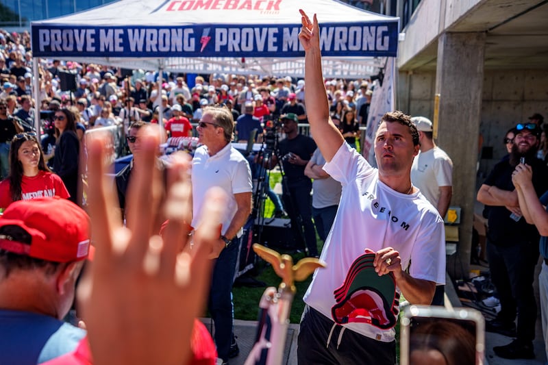 Charlie Kirk speaks at Utah Valley University on Sept. 10, 2025 in Orem, Utah.  Kirk, founder of Turning Point USA, was speaking at his "American Comeback Tour" when he was shot in the neck and killed.